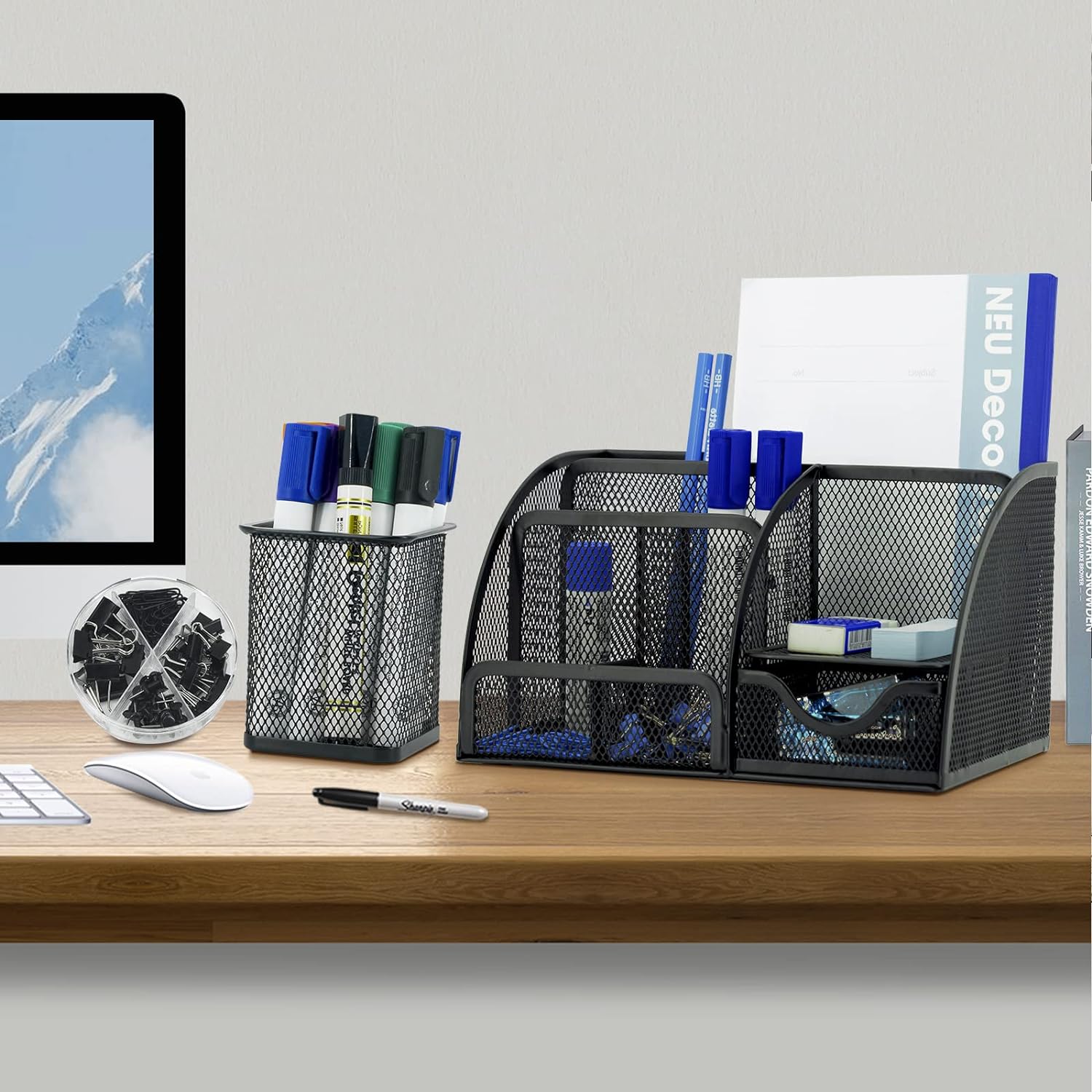 Neudeco Desk Organizers and Accessories, Office Supplies Mesh Desk Organizer Caddy with Drawer 6 Compartments + Pen Holder / 72 Paper Clips Binder Clips Set, Black Desktop Organizer for Home Office - Image 6