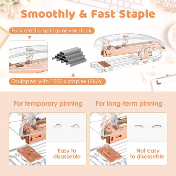 Aibocn Rose Gold Desk Accessories, Office Supplies, Acrylic Stapler, Staple Remover, Tape Holder, Pen 1000pcs Staples, Diamond Pen, Phone Scissors, Binder Clips, Ruler,Transparent Glue - Image 3