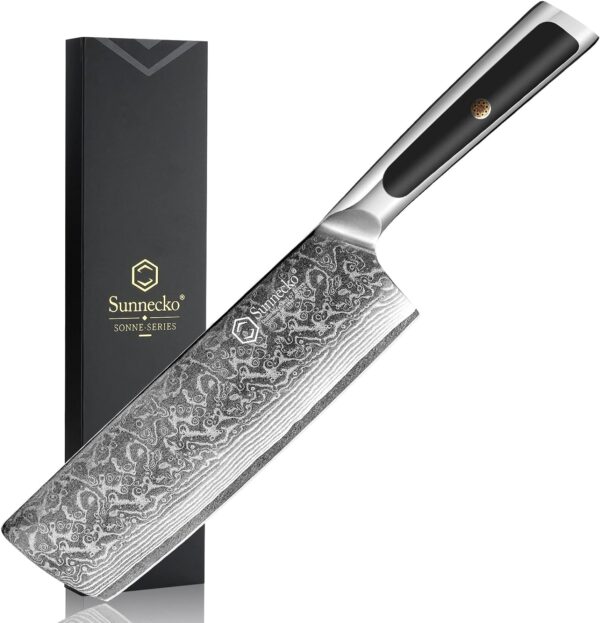 Sunnecko Damascus Kitchen Knife 7 Inch Cleaver Knife VG-10 Stainless Steel Chopping Knife with Solid Handle Nakiri Knife Perfect for Professional Use or Home Cooking Enthusiast