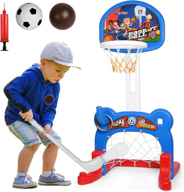 Madzee 4-in-1 Kids Sports Center, Basketball, Soccer, Hockey, Ring Toss Game Playset, Indoor and Outdoor Sports Center for Toddlers