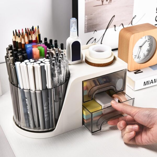 GGIANTGO Rotating Desk Organizer with 2 Drawer, Pencil Pen Holder for Desk, Desk Organizers and Accessories with 4 Compartments + Drawer for Office Home Art Supplies (White) - Image 4