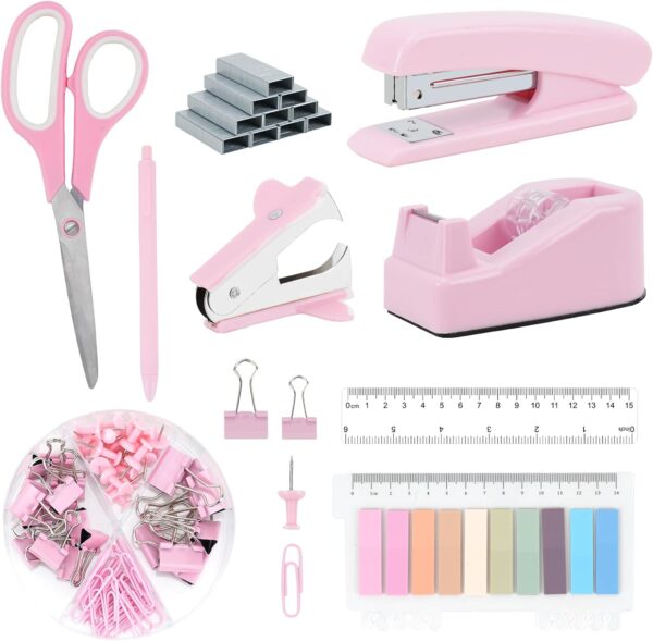 EOOUT 9pcs Pink Office Supplies Set, Pink Desk Accessories, Stapler and Tape Dispenser Set for Women with Staple Remover, Staples, Clips, Scissor and Tabs for Students, Office Clerks