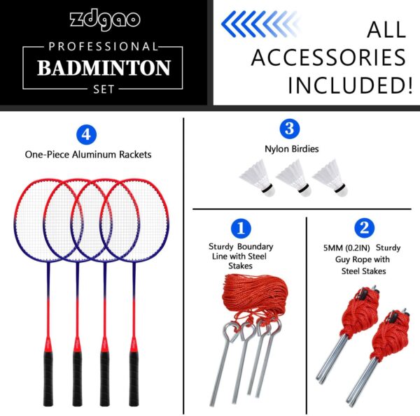 Zdgao Badminton Sets for Backyards with Net | Portable Badminton Net with Winch System, Aluminum Badminton Rackets Set of 4, 3 Nylon Shuttlecocks, Boundary Line and Durable Carrying Bag - Image 2