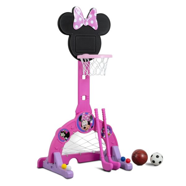 Delta Children Disney Minnie Mouse 4-in-1 Sports Center – Adjustable Easy Score Basketball Hoop, Soccer/Hockey Net and Golf Game, 4 Golf/Hockey Balls, Pink