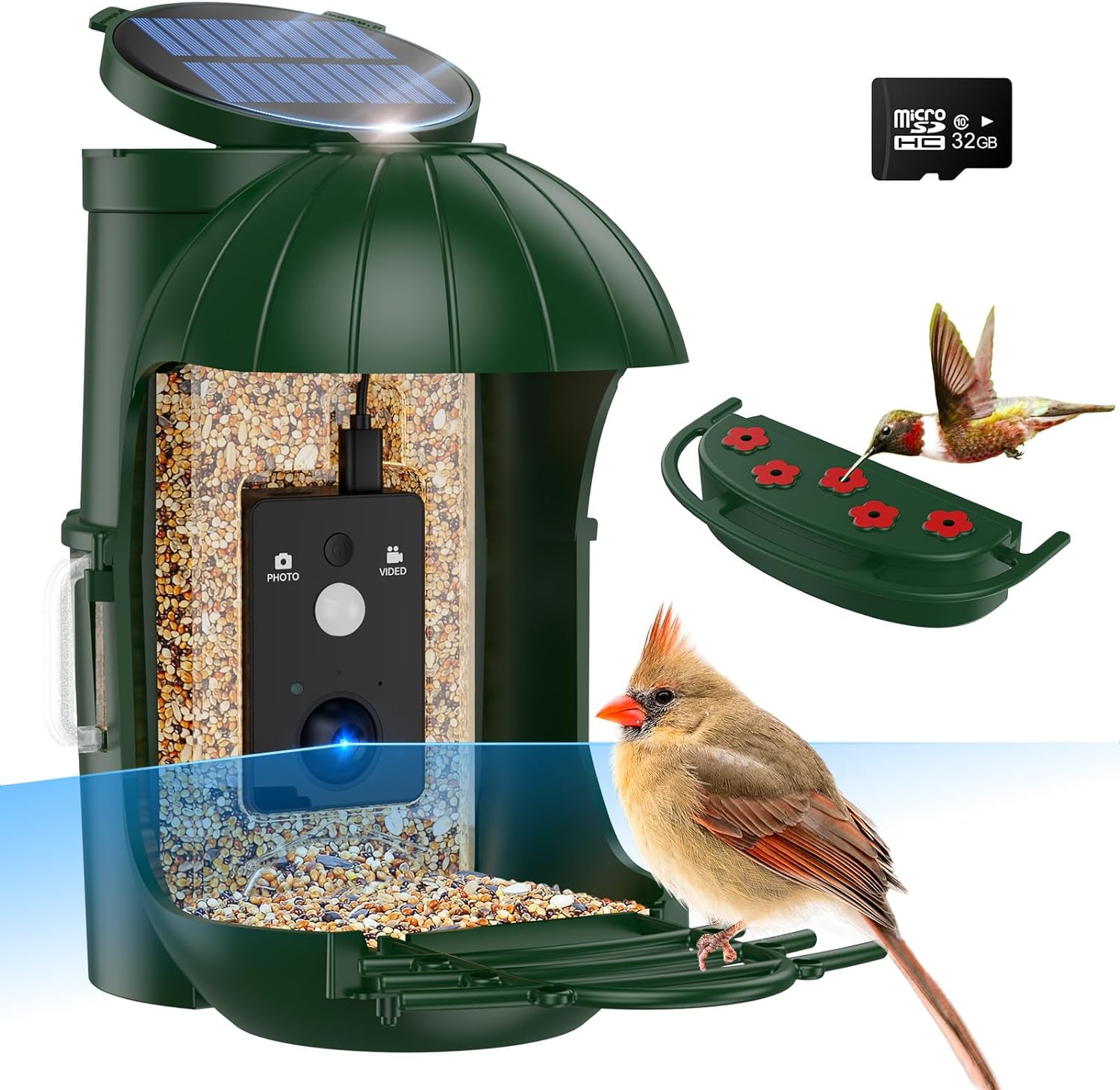 Bird Feeder with Camera, Waterproof Smart Bird Feeder with Camera Solar Powered for Outdoors, Rechargeable & Detachable 110° Bird Feeder Camera, Auto Capture Bird HD Videos & Photos