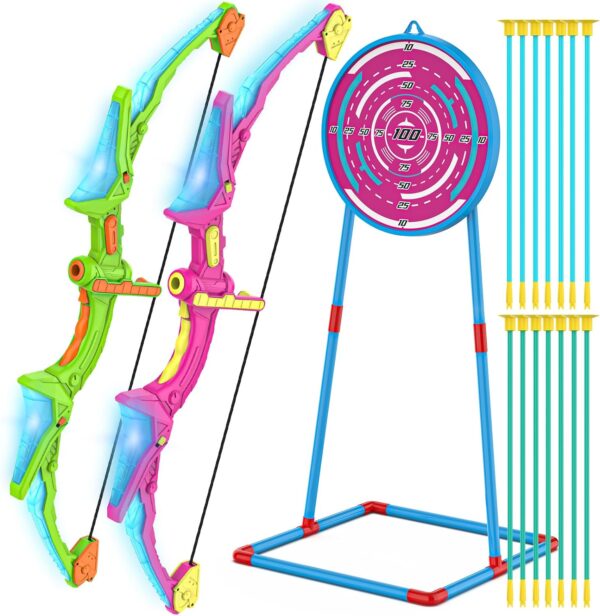 Kmuxilal 2 Pack Kids Bow and Arrow Set with LED Flash Lights, 14 Suction Cup Arrows and Standing Target-Perfect Indoor and Outdoor Archery Set Toy Gift for Boys and Girls Ages 4-12