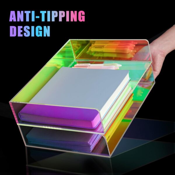 Acrylic Letter Tray 2-Tier Iridescent Stackable Desk Paper Tray Organizer and Office Accessories Supplies, Rainbow Letter Size Desk Accessories Storage Organization (Portrait) - Image 4