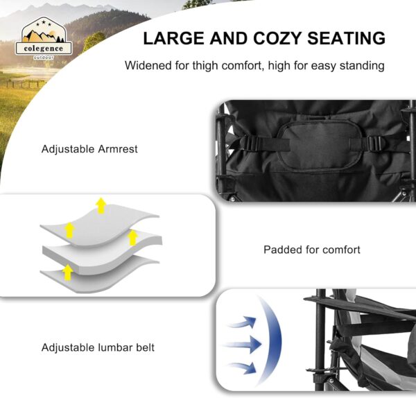 Colegence Oversized Camping Outdoor Heavy Duty Chair Support 400 LBS Carry Bag Included, Heavy People Full Padded Folding Chairs with Lumbar Support, Cooler Bag, Mesh Cup Holder, Pocket for Lawn,Sport - Image 5