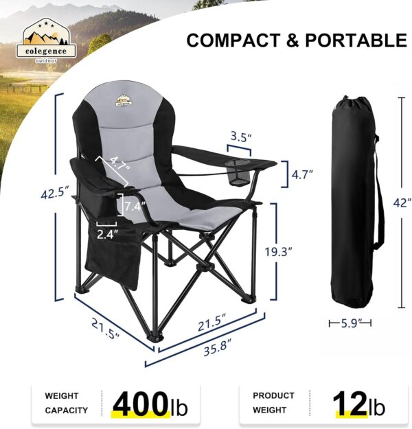 Colegence Oversized Camping Outdoor Heavy Duty Chair Support 400 LBS Carry Bag Included, Heavy People Full Padded Folding Chairs with Lumbar Support, Cooler Bag, Mesh Cup Holder, Pocket for Lawn,Sport - Image 2