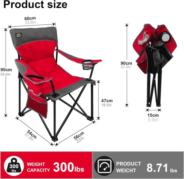 LANMOUNTAIN Oversized Folding Camping Chair,Heavy Duty Padded Portable Lawn Chair w/Extra Large Cup Holder,Side Pocket for Adults Outdoor Sports Hiking Beach Garden Picnic,Red - Image 3