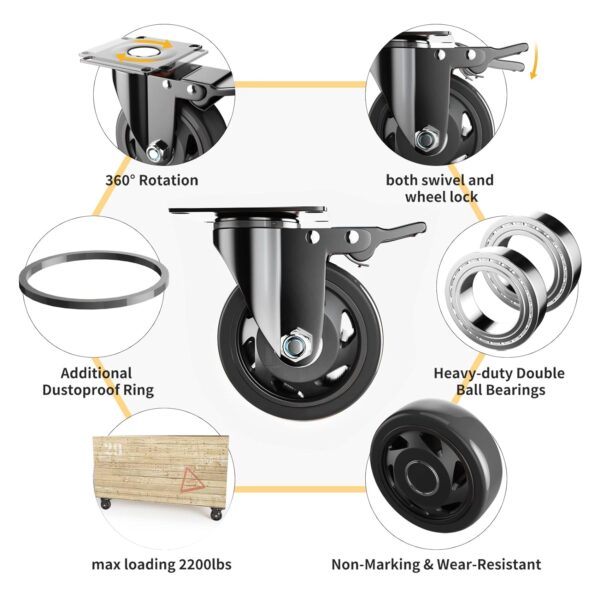 4 Inch Caster Wheels, Heavy Duty Casters Set of 4, Swivel Casters with Brake 2200 Lbs, Locking Industrial Top Plate Casters Wheels for Furniture and Workbench Cart(Two Hardware Kits Include) - Image 5