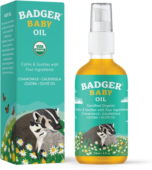 Badger Baby Oil, Chamomile & Calendula, Certified Organic Soothing Oil for Dry Skin or Cradle Cap, 4 Fl Oz Glass Bottle - Image 4