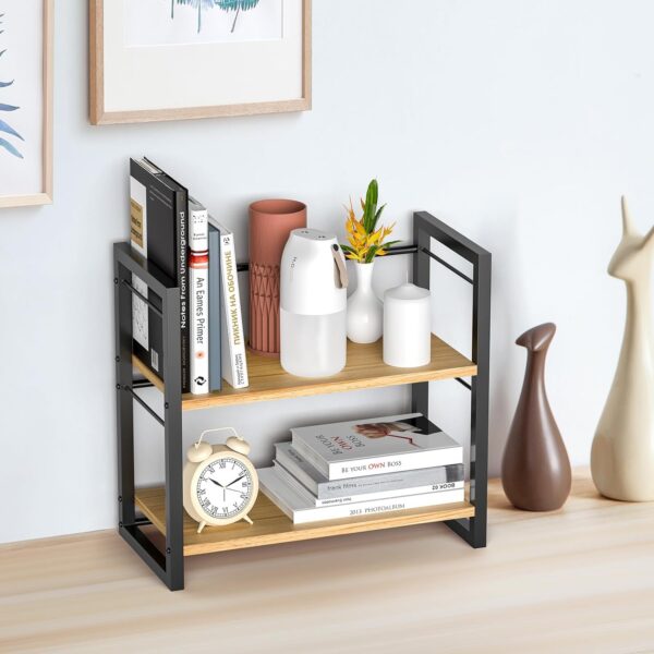 Office Desk Shelf Organizer, Wood Desktop Bookshelf Supplies Storage Rack, Shelf for Top of Desk and Dresser (Black-2 Tier) - Image 2