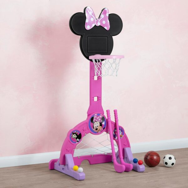 Delta Children Disney Minnie Mouse 4-in-1 Sports Center – Adjustable Easy Score Basketball Hoop, Soccer/Hockey Net and Golf Game, 4 Golf/Hockey Balls, Pink - Image 7