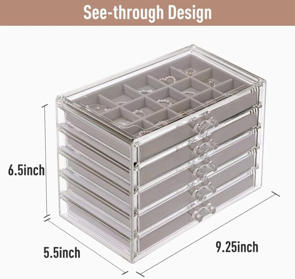 Fixwal Earring Organizer with 5 Drawers, Acrylic Jewelry Organizer, Jewelry Box, Velvet Earring Holder Organizer for Earrings, Ring, Bracelet, Necklace (Gray) - Image 2