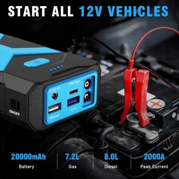 2000A Jump Starter Battery Pack 12V Battery Jumper Starter Portable 20000mAh Car Battery Jump Starter with USB QC 3.0 Car Jumper Starter Portable Car Jump Starter Battery Pack Jumper Cables for Car - Image 2