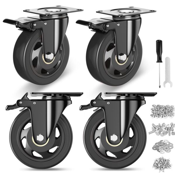 4 Inch Caster Wheels, Heavy Duty Casters Set of 4, Swivel Casters with Brake 2200 Lbs, Locking Industrial Top Plate Casters Wheels for Furniture and Workbench Cart(Two Hardware Kits Include)