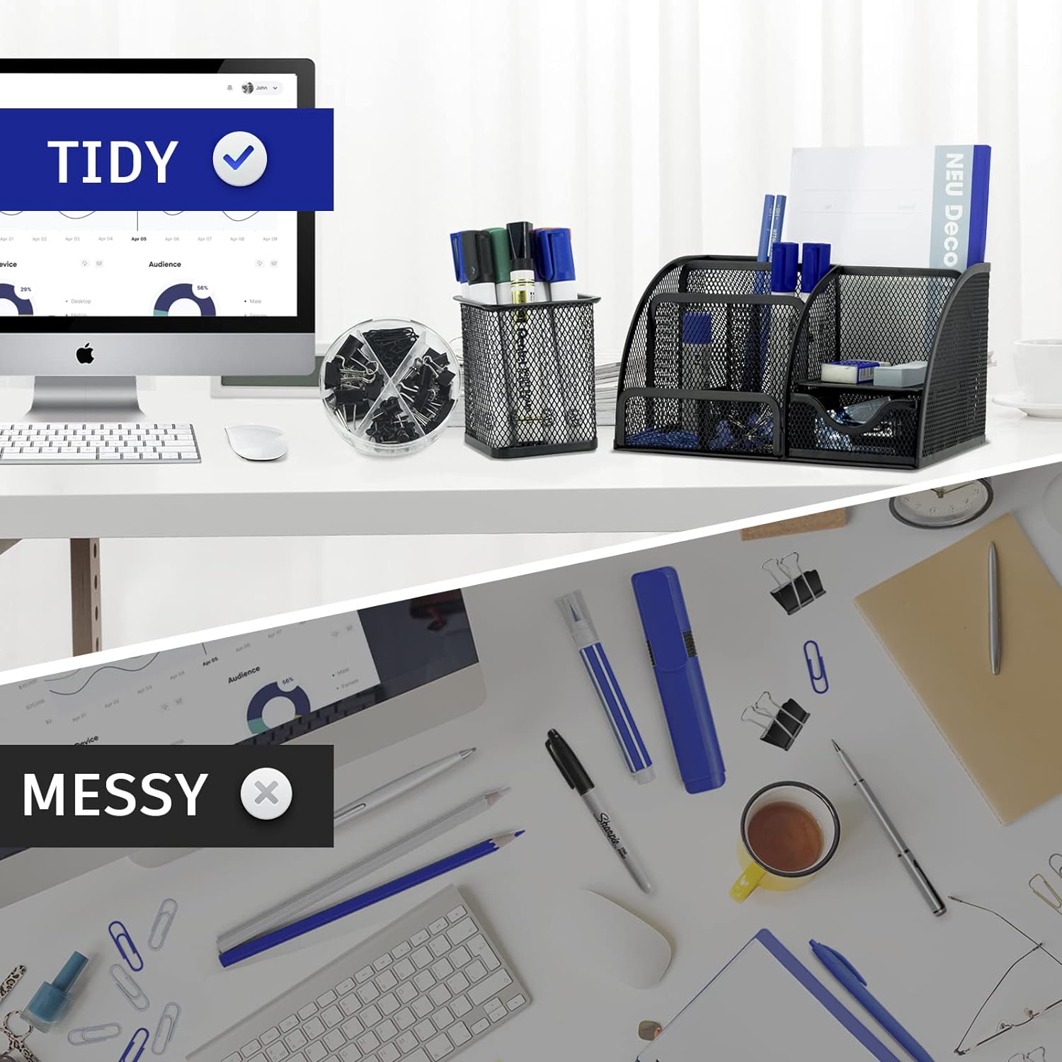 Neudeco Desk Organizers and Accessories, Office Supplies Mesh Desk Organizer Caddy with Drawer 6 Compartments + Pen Holder / 72 Paper Clips Binder Clips Set, Black Desktop Organizer for Home Office - Image 7