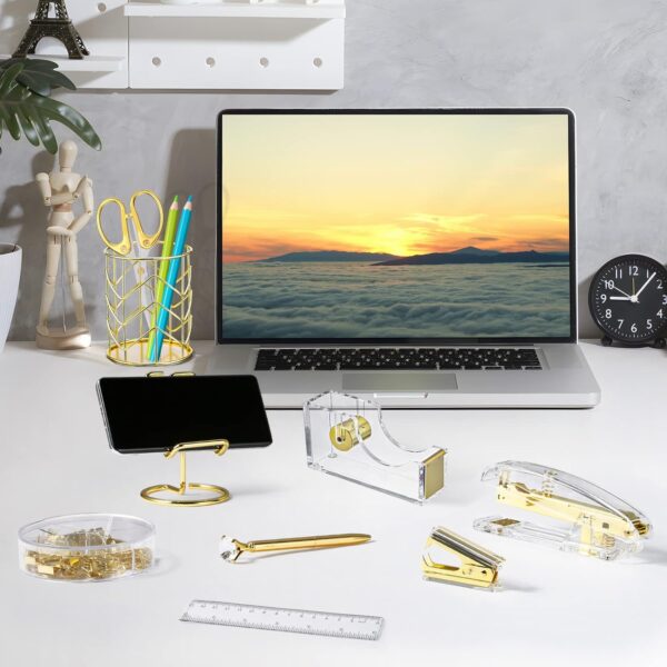 Aibocn Gold Desk Accessories, Office Supplies, Acrylic Stapler, Staple Remover, Tape Holder, Pen Holder, 1000pcs Staples, Diamond Pen, Phone Holder, Scissors, Binder Clips and Ruler, Transparent Glue - Image 8