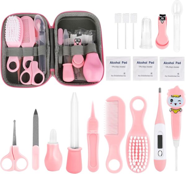 Baby Healthcare and Grooming Kit, Baby Nursery Health Care Set with Hair Brush Comb, Nail Clipper, Pacifier Clip, Nasal Aspirator Baby Essentials for Newborn Infant Baby Girls Boys (19 in 1, Pink)