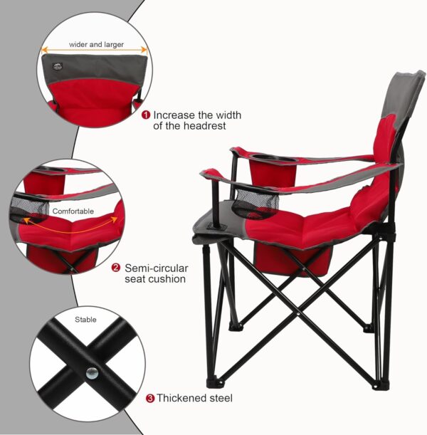 LANMOUNTAIN Oversized Folding Camping Chair,Heavy Duty Padded Portable Lawn Chair w/Extra Large Cup Holder,Side Pocket for Adults Outdoor Sports Hiking Beach Garden Picnic,Red - Image 5