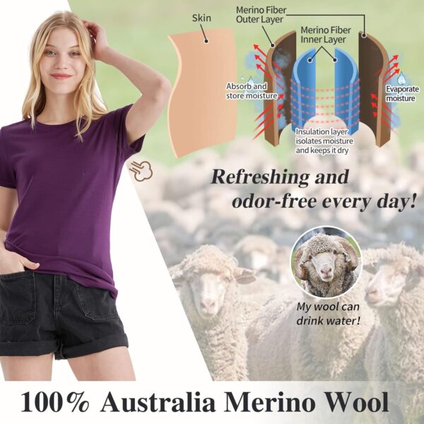 Merino Protect 100% Merino Wool T Shirts Women Crew Neck Tops Short Sleeve Odor Resistance Base Layer Travel Hiking Tee Shirt - Image 4