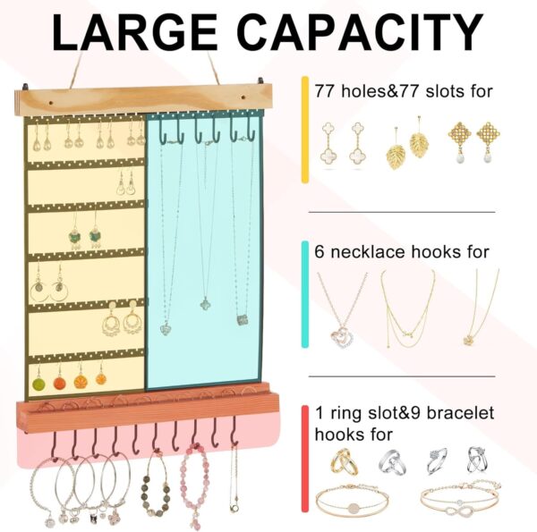 Hanging Jewelry Organizer, 6-Tier Wall Earring Holder with Wooden Ring Groove, Jewelry Rack Wall Mounted for Earrings, Necklaces, Bracelets and Rings, Jewelry Holder Stand - Image 2