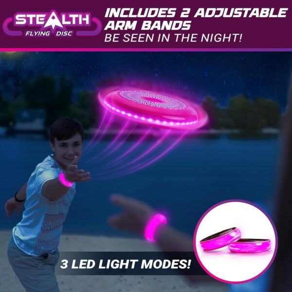 USA Toyz Stealth LED Flying Disc- Light Up Disc for Adults and Kids, 49 LEDs Glow in the Dark Disk, 2 LED Arm Bands, Sport Golf Ultimate Disc Outdoor Game Set, Waterproof Glow Hover Disc (Pink/Purple) - Image 2