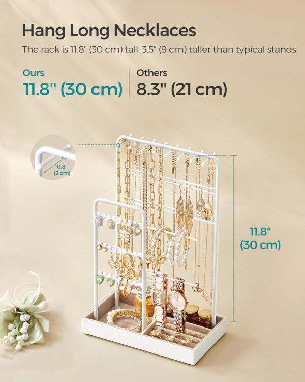 SONGMICS Jewelry Holder, Jewelry Organizer, Jewelry Display Stand with Metal Frame and Velvet Tray, Necklace Earring Bracelet Holder, for Studs, Rings, Gift Idea, White UJJS021W01 - Image 7