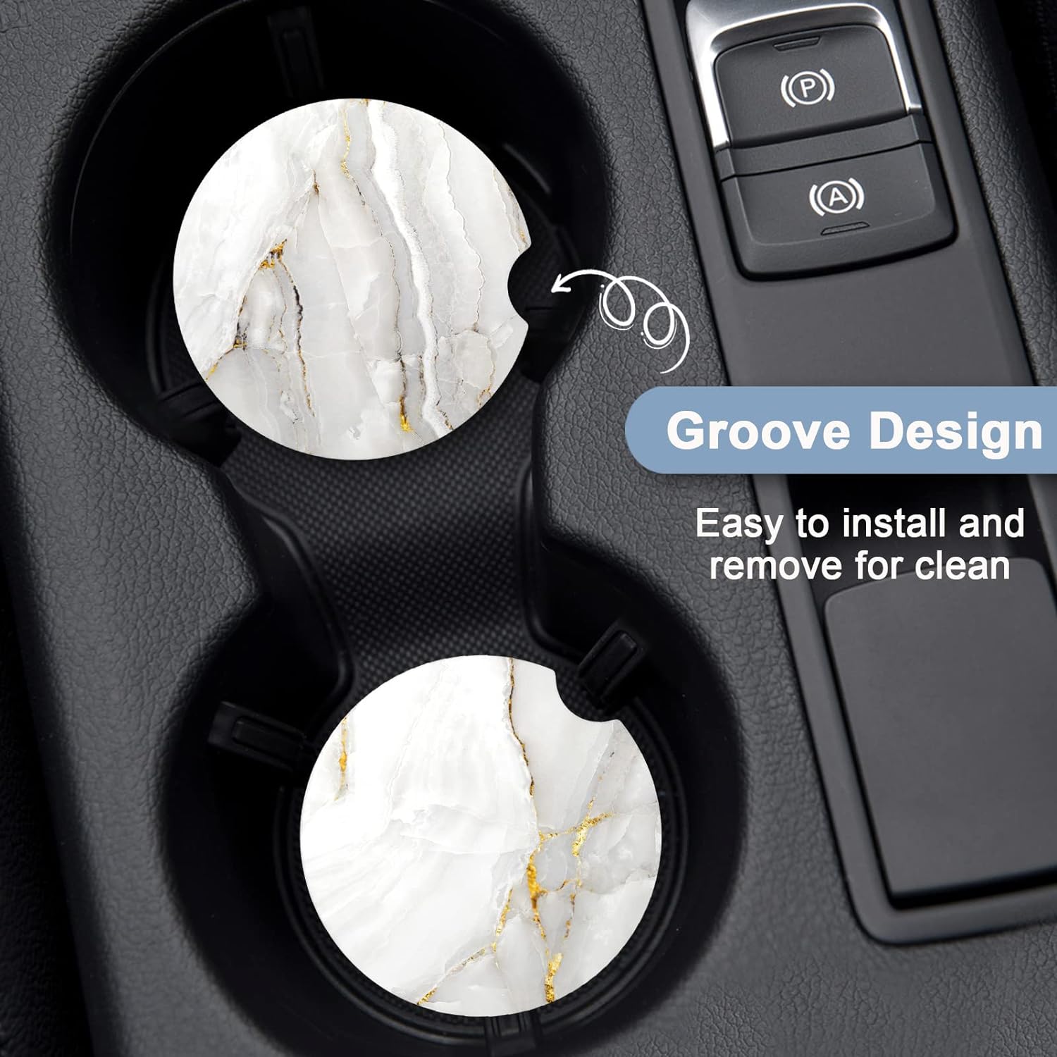Nipichsha Car Coaster for Cup Holders, 2 Pack Absorbent Ceramic Coaster for Drinks, Cute Car Assecories for Women Men, Universal Size 2.56" with Finger Notch & Cork Base, White Marble - Image 5