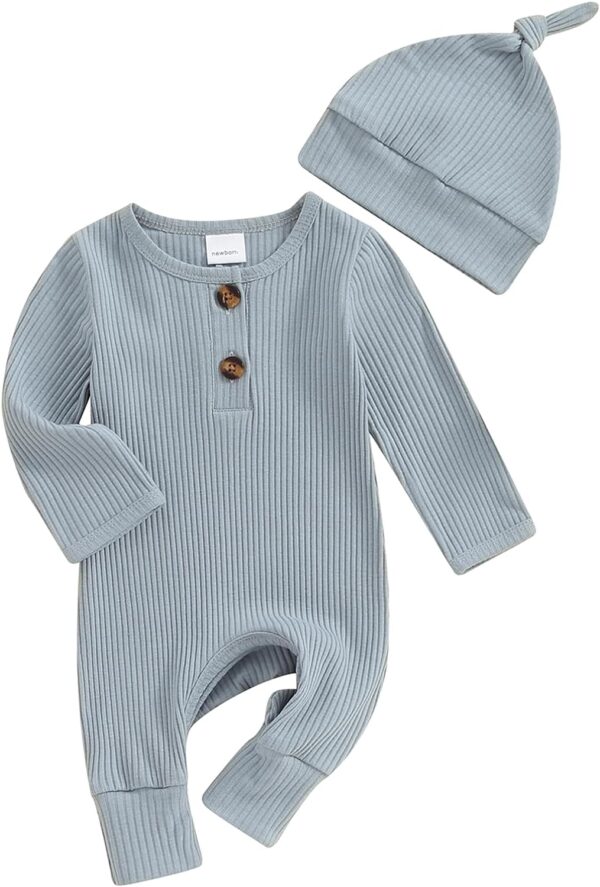 Infant Boys Girls Clothes Set Newborn Baby Romper Hat Ribbed Knit Long Sleeve Button Solid Bodysuit Jumpsuit