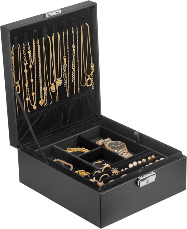 Prestige & Fancy Jewelry Organizer Box - 2 Layer Jewelry Box for Earrings, Necklaces, Rings, Bracelets and Accessories | Elegant Alligator-Style PU Leather (Black - closed)