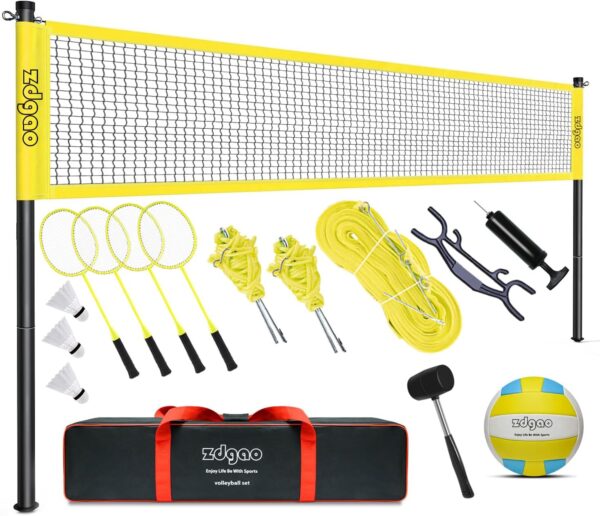 Zdgao Badminton & Volleyball Combo Set - Professional Volleyball Net for Lawn, Backyard, Easy Set up Volleyball Set with Carry Bag, Boundary Line for Family Fun