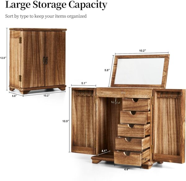 Jewelry Boxes for Women Girls, Large Wood Jewelry Box with mirror Drawer, 6-Layer Standing Rustic Jewelry Boxes & Organizers for Earrings Necklaces Ring Watch - Image 8