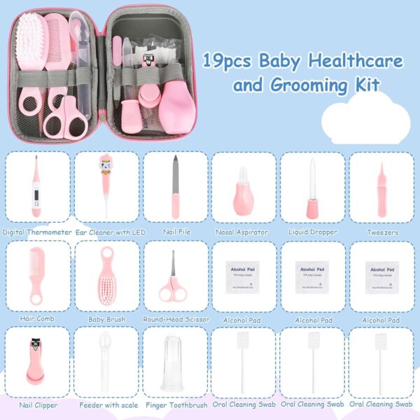 Baby Healthcare and Grooming Kit, Baby Nursery Health Care Set with Hair Brush Comb, Nail Clipper, Pacifier Clip, Nasal Aspirator Baby Essentials for Newborn Infant Baby Girls Boys (19 in 1, Pink) - Image 2