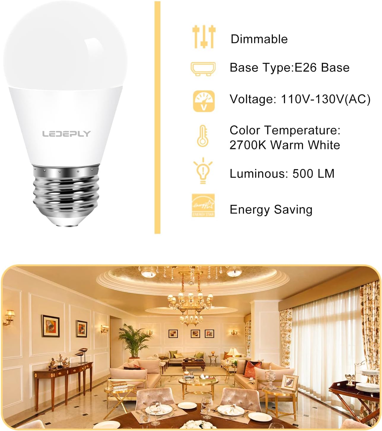 LEDEPLY A15 LED Bulb, E26 Base Light Bulb, Dimmable, 5.5W=40W, 500LM, Warm White 2700K, LED Light Bulb, Home Appliance Bulb, 6 Pack - Image 3