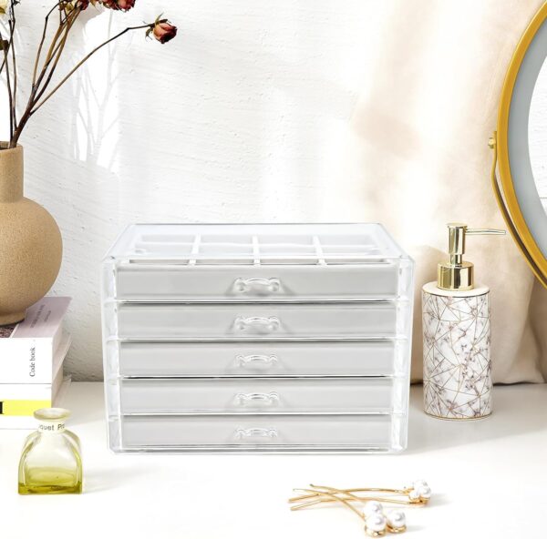 ProCase Earring Holder Organizer Jewelry Box with 5 Drawers, Acrylic Clear Earring Case with Adjustable Velvet Trays for Women - Warmwhite,5 Layers - Image 6