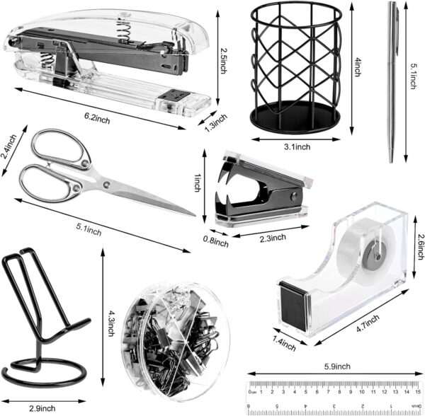 EOOUT Black Office Supplies Set Desk Accessories, Acrylic Stapler Set Staple Remover, Phone Holder, Tape Holder, Pen Holder, 2 Ballpoint Pen, Scissor, Binder Clips, Ruler, Transparent - Image 2