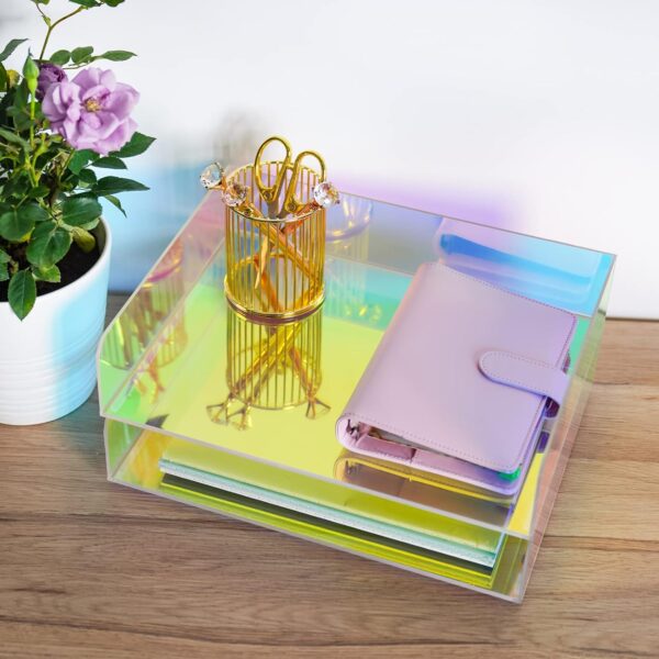 Acrylic Letter Tray 2-Tier Iridescent Stackable Desk Paper Tray Organizer and Office Accessories Supplies, Rainbow Letter Size Desk Accessories Storage Organization (Portrait) - Image 5