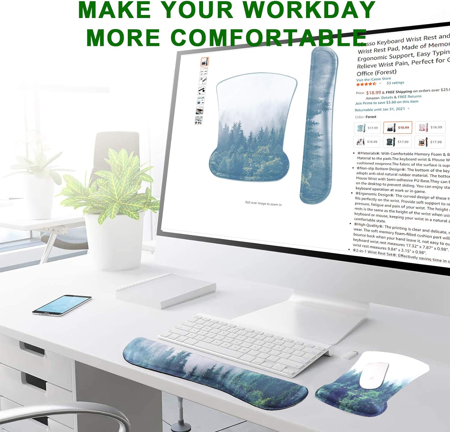 iCasso Keyboard Wrist Rest and Mouse Wrist Rest Pad, Made of Memory Foam, Ergonomic Support, Easy Typing and Relieve Wrist Pain, Perfect for Gaming, Computer, Office, Laptop (D-Forest) - Image 8