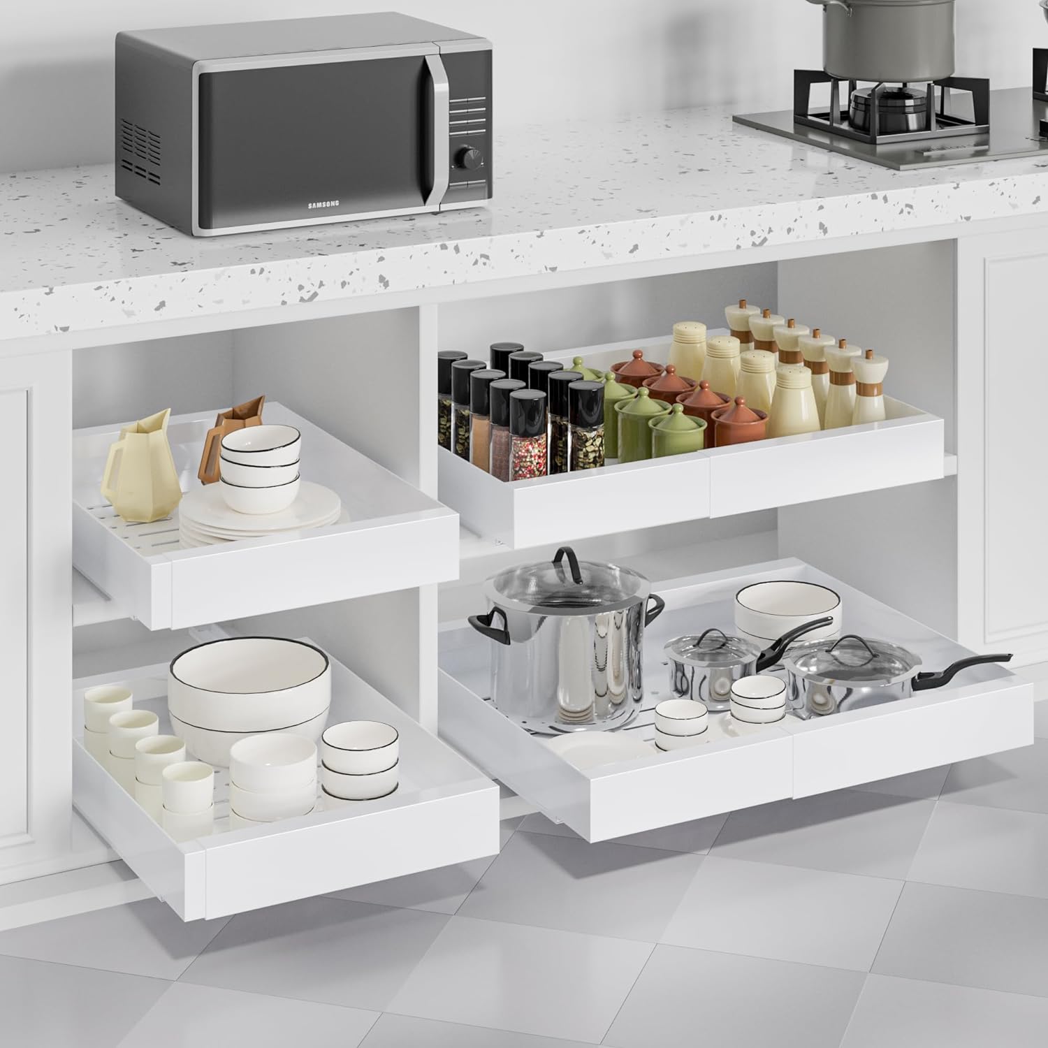 ZGO Pull Out Cabinet Organizer, Expandable(11.5"-19.6") Drawer Organizer, Pot and Pan Organizer for Under Cabinet, Pantry Kitchen Organizers and Storage Pan Organizer Storage Drawers(White, 1PC) - Image 2