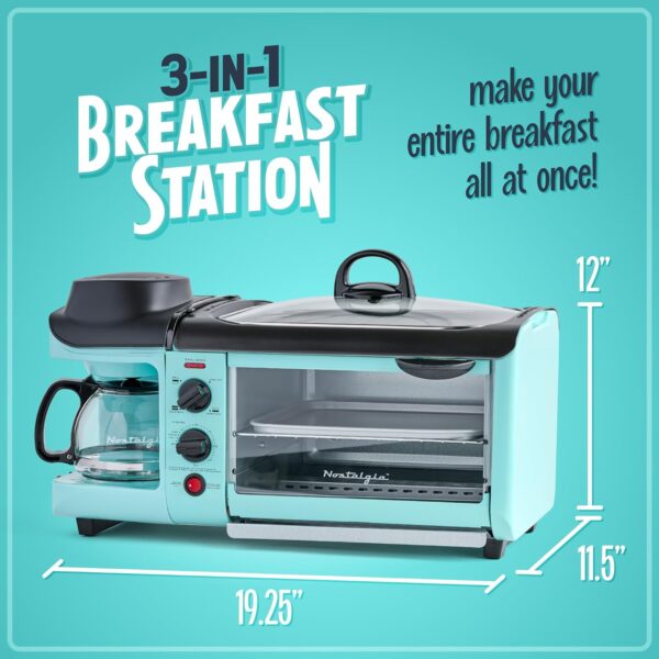 Nostalgia Retro 3-in-1 Family Size Electric Breakfast Station, Non Stick Die Cast Grill/Griddle, 4 Slice Toaster Oven, Coffee Maker, Aqua - Image 2