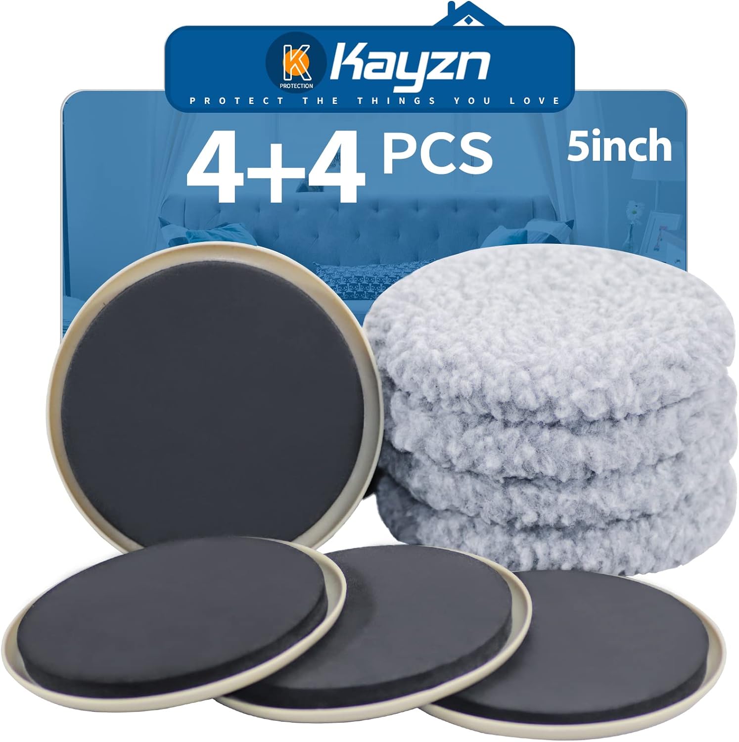 Kayzn Furniture Sliders Multi-Surface 2-in-1 Reusable Moving Pads for All Floor Types - 4 Pack 5" Carpet Sliders and 4 Hardwood Socks - Protect Floor and Easier to Move Your Furniture