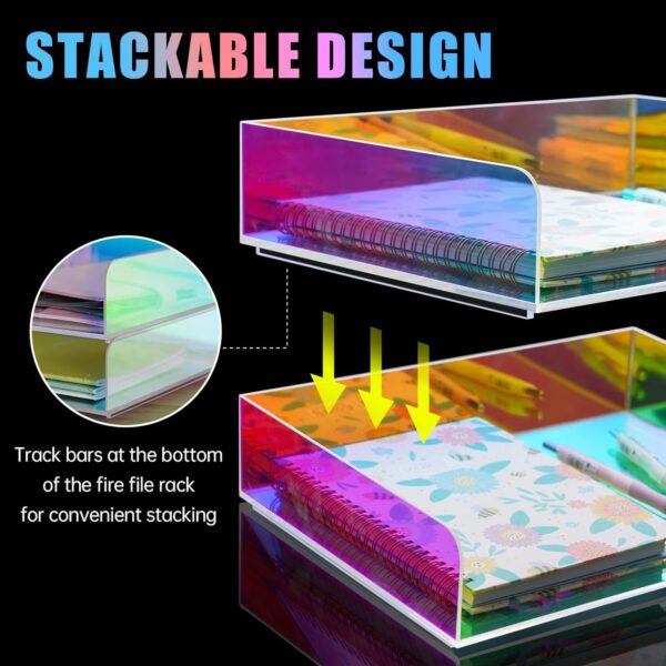 Acrylic Letter Tray 2-Tier Iridescent Stackable Desk Paper Tray Organizer and Office Accessories Supplies, Rainbow Letter Size Desk Accessories Storage Organization (Portrait) - Image 3