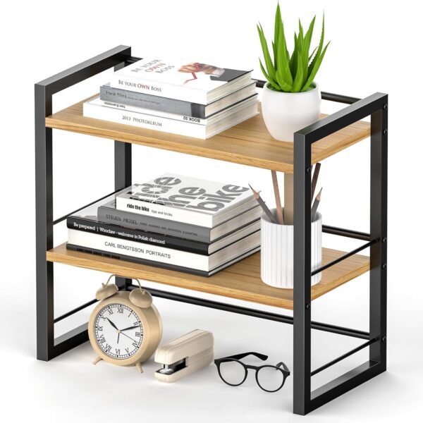 Office Desk Shelf Organizer, Wood Desktop Bookshelf Supplies Storage Rack, Shelf for Top of Desk and Dresser (Black-2 Tier)