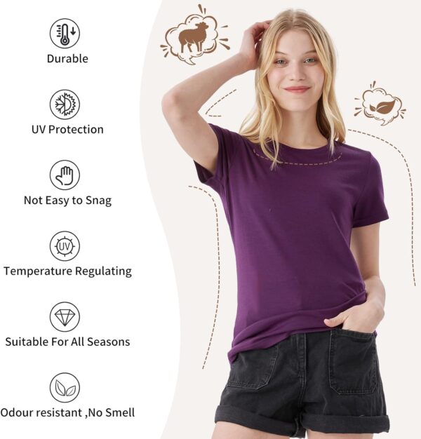 Merino Protect 100% Merino Wool T Shirts Women Crew Neck Tops Short Sleeve Odor Resistance Base Layer Travel Hiking Tee Shirt - Image 3