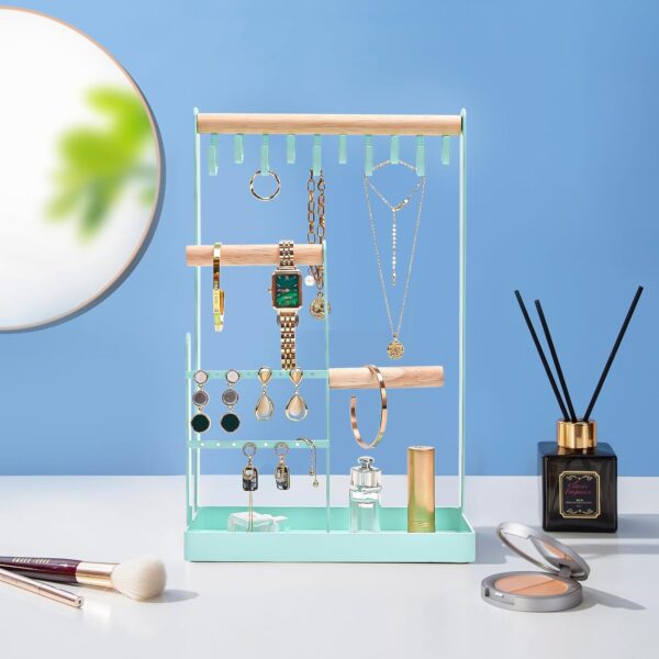 ProCase Jewelry Organizer Jewelry Stand Jewelry Holder Organizer, 4-Tier Necklace Organizer with Ring Tray, Small Cute Aesthetic Jewelry Tower Storage Rack Tree for Bracelets Earrings Rings -Aqua - Image 2