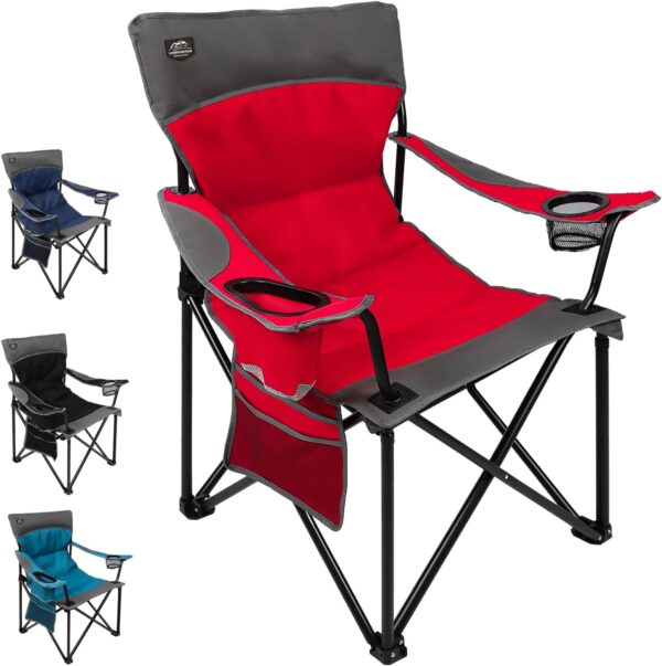 LANMOUNTAIN Oversized Folding Camping Chair,Heavy Duty Padded Portable Lawn Chair w/Extra Large Cup Holder,Side Pocket for Adults Outdoor Sports Hiking Beach Garden Picnic,Red