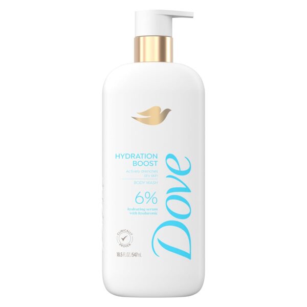 Dove Body Wash Hydration Boost Actively drenches dry skin 6% hydration serum with hyaluronic 18.5 oz