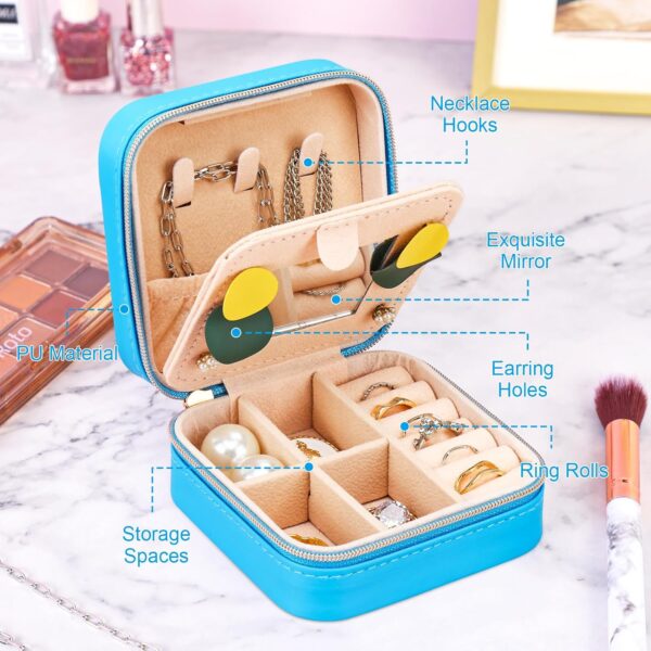 FFixwal Travel Jewelry Case, 6pcs Travel Jewelry Boxes, Mini Jewelry Organizer for Girls Women with Mirror (Blue) - Image 4